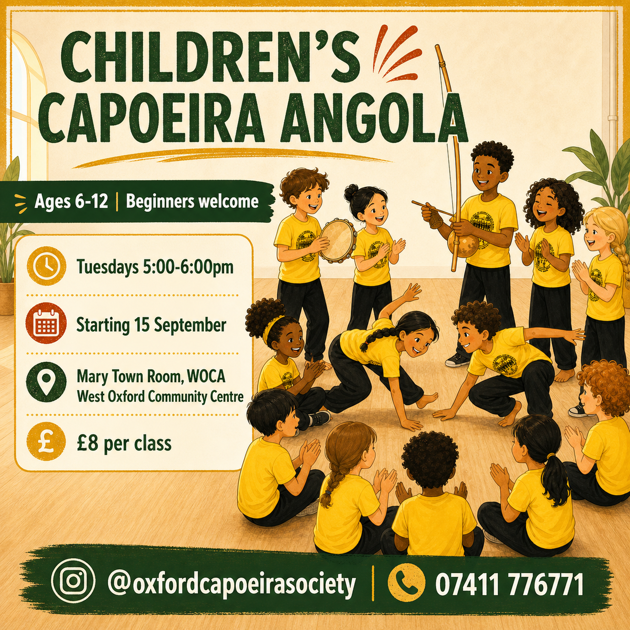 Promotional poster for Children's Capoeira Angola Ninhos classes at West Oxford Community Centre